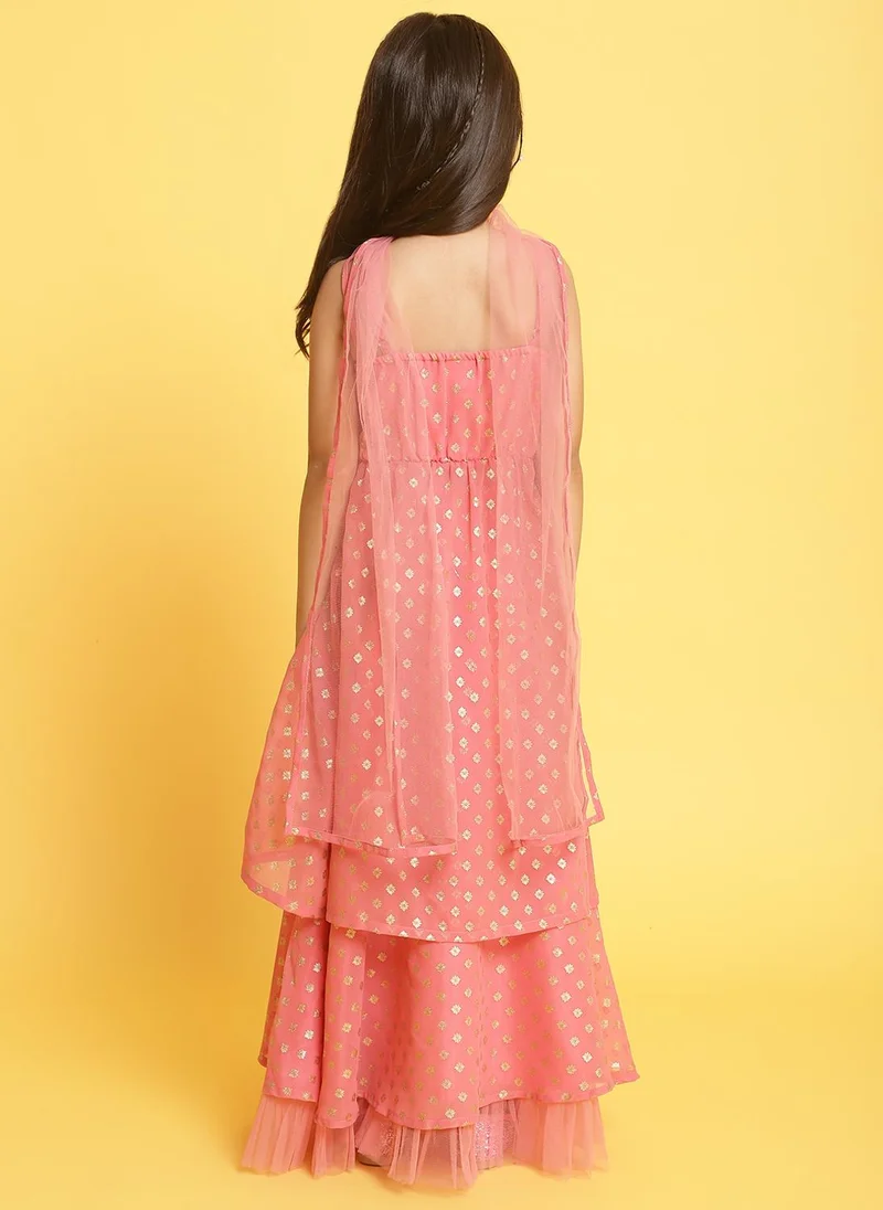 Nautinati Girls' Georgette Blend Ready-to-wear All-over Gold Toned Foil Print Lehenga & Blouse with Net Dupatta